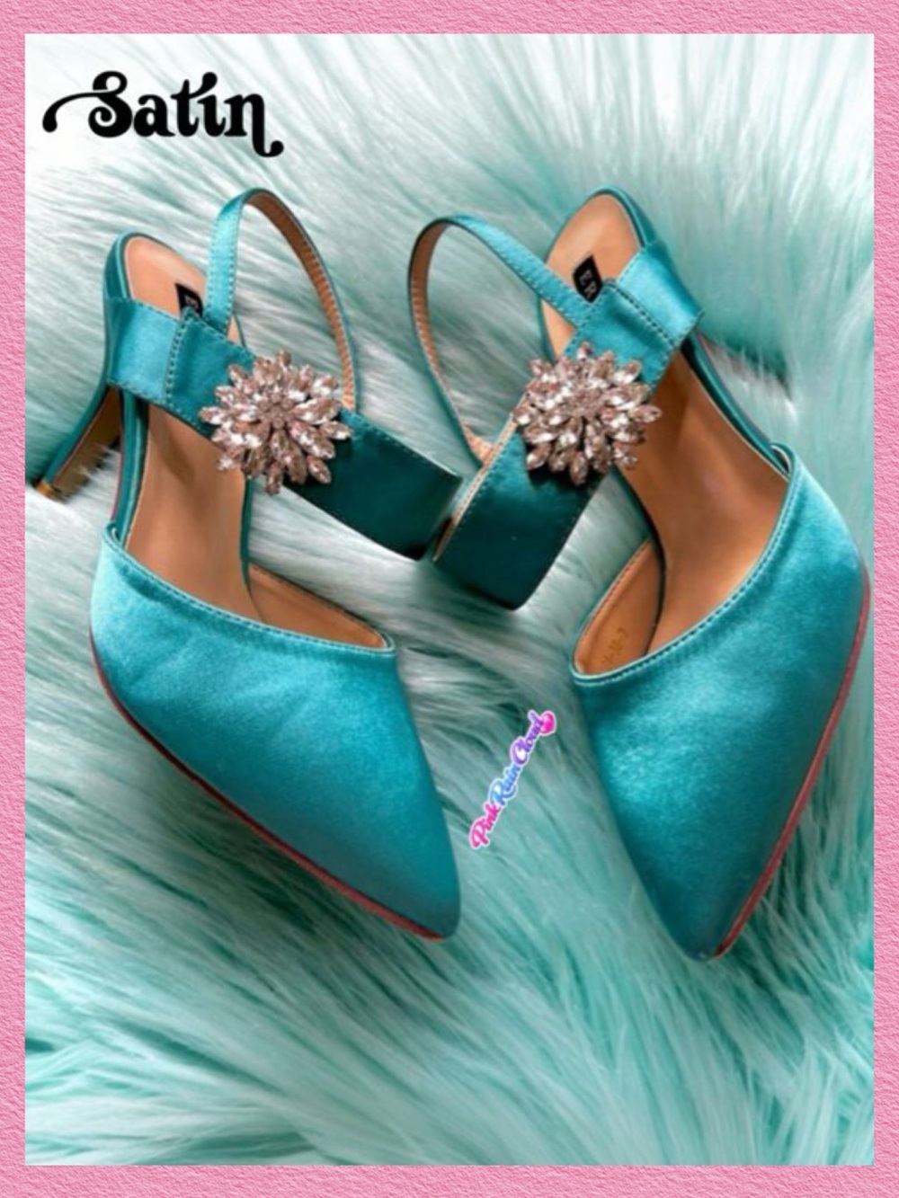 Erijunor Teal SATIN Crystal Embellished Slingback Heels Women's 7